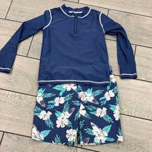 Carter's Navy Rashguard and Tropical Print Swim Shorts